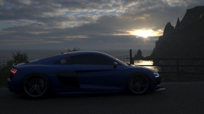 Blue Sports Car — Dramatic, Sunset, 3d Render, Mountain