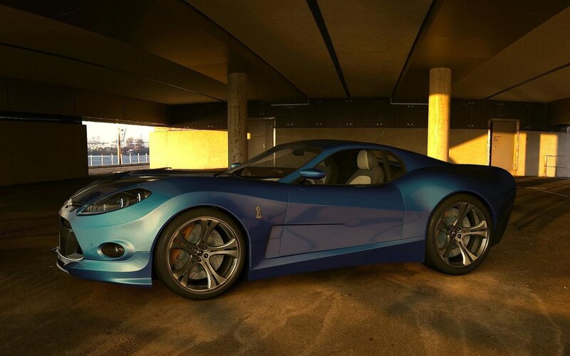 Blue Sports Car — Dramatic, Sunset, 3d Render, Parking Garage, Sunlight