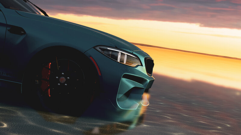 Blue Sports Car — Dramatic, Sunset, Digital Art, Beach