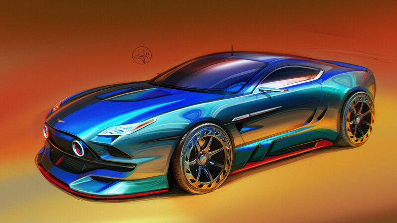 Blue Sports Car — Dramatic, Sunset, Digital Art, Wheels