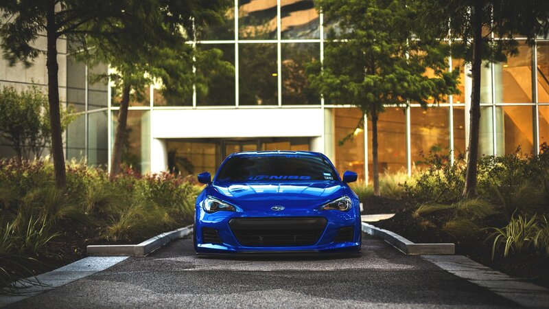 Blue Sports Car — Dramatic, Sunset, Photograph, Building, Trees