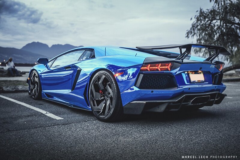 Blue Sports Car — Dramatic, Sunset, Photograph, Mountains, Tree