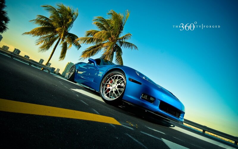 Blue Sports Car — Dramatic, Sunset, Photograph, Palm Trees