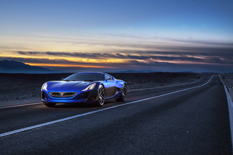 Blue Sports Car — Dramatic, Sunset, Photograph, Road, Mountains, Sky