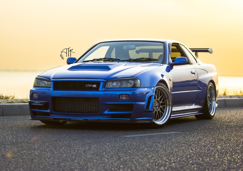 Blue Sports Car — Dramatic, Sunset, Photograph, Road