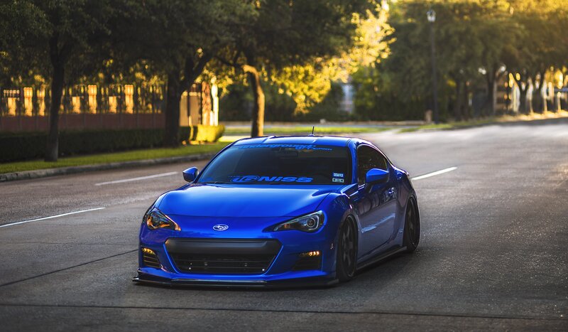 Blue Sports Car — Dramatic, Sunset, Photograph, Road, Trees