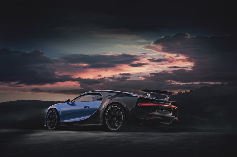Blue Sports Car — Dramatic, Sunset, Photograph, Sky, Clouds