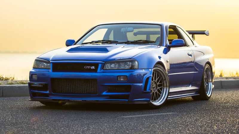 Blue Sports Car — Dramatic, Sunset, Photograph, Turbine Wheels