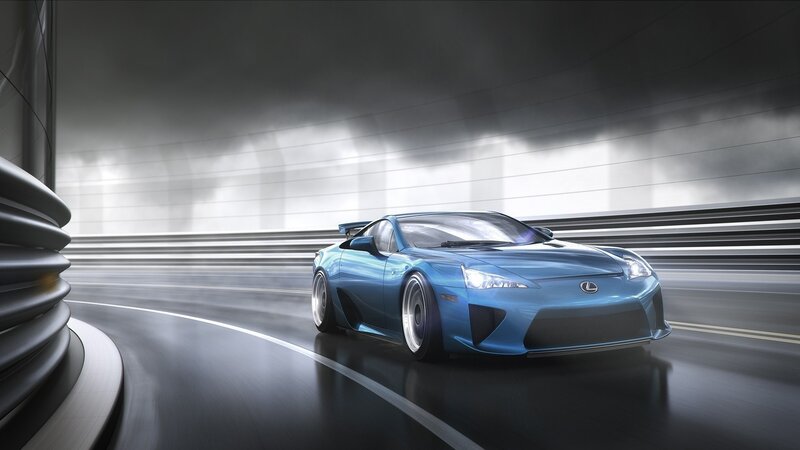 Blue Sports Car — Dynamic, 3d Render, Tunnel, Road, Gray
