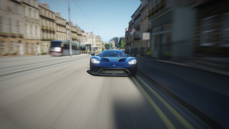 Blue Sports Car — Dynamic, Afternoon, 3d Render, City Street, Tram