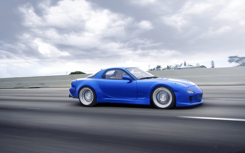 Blue Sports Car — Dynamic, Afternoon, 3d Render, Road, Sky