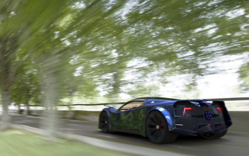 Blue Sports Car — Dynamic, Afternoon, 3d Render, Road, Trees