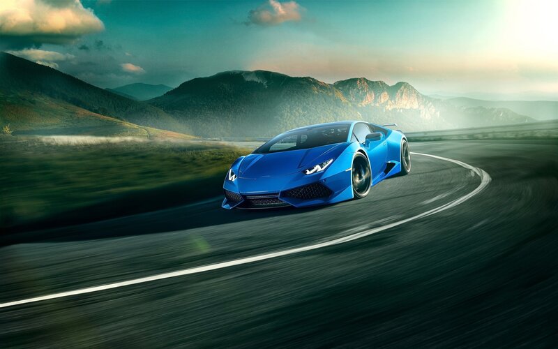 Blue Sports Car — Dynamic, Afternoon, Photograph, Mountains, Road, Sky