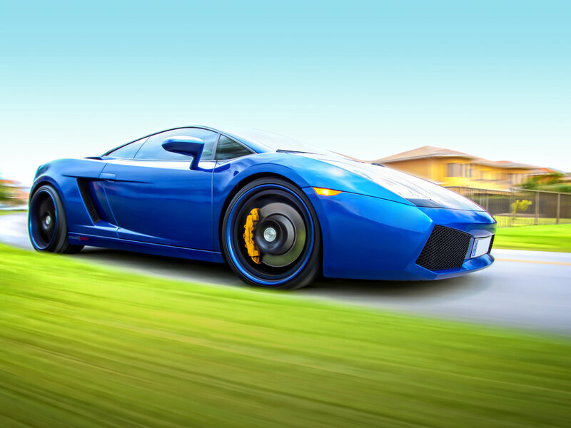 Blue Sports Car — Dynamic, Afternoon, Photograph, Road, Grass
