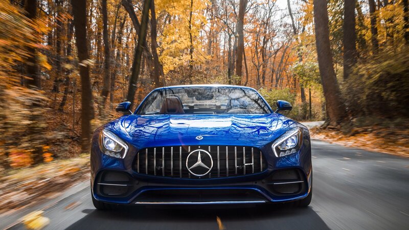Blue Sports Car — Dynamic, Autumn, Photograph, Road, Trees