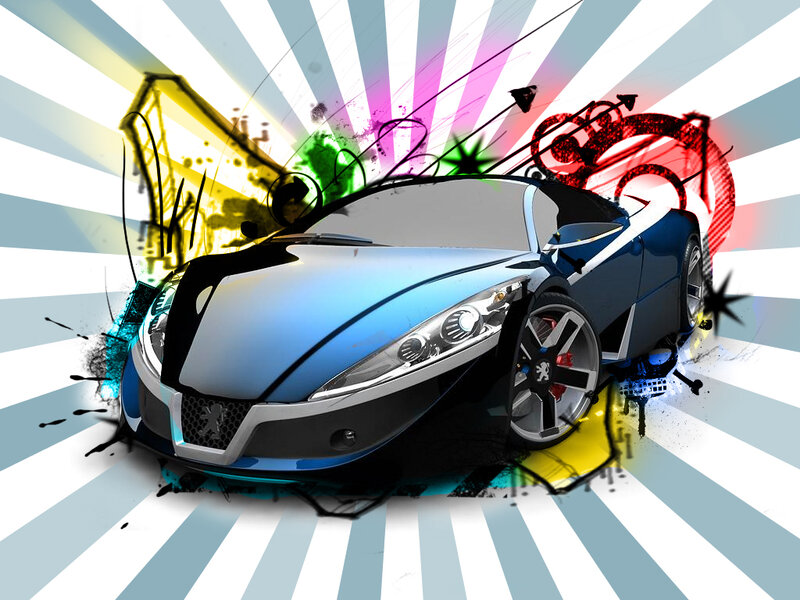Blue Sports Car — Dynamic, Digital Art, Splatter