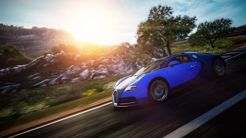 Blue Sports Car — Dynamic, Sunset, 3d Render, Road, Mountain