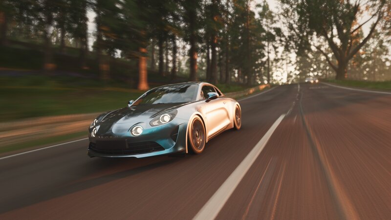 Blue Sports Car — Dynamic, Sunset, 3d Render, Road, Trees, Forest