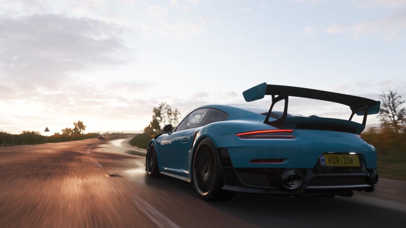 Blue Sports Car — Dynamic, Sunset, 3d Render, Road, Trees