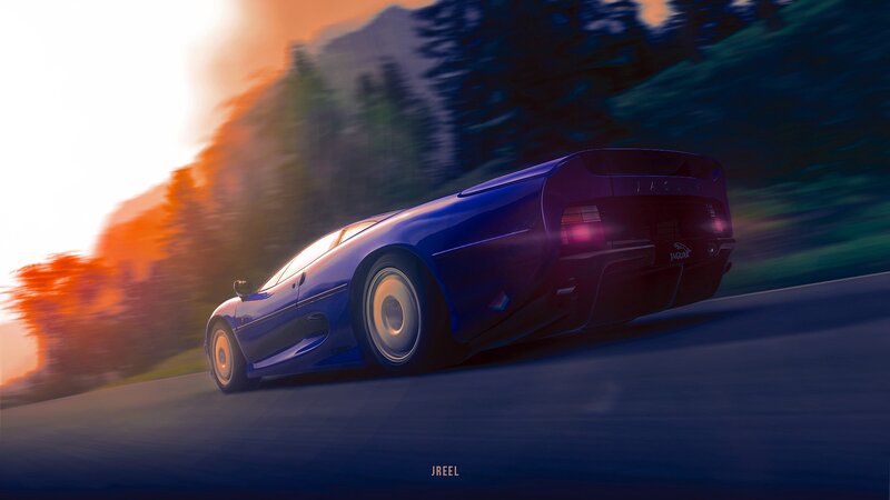 Blue Sports Car — Dynamic, Sunset, Digital Art, Road
