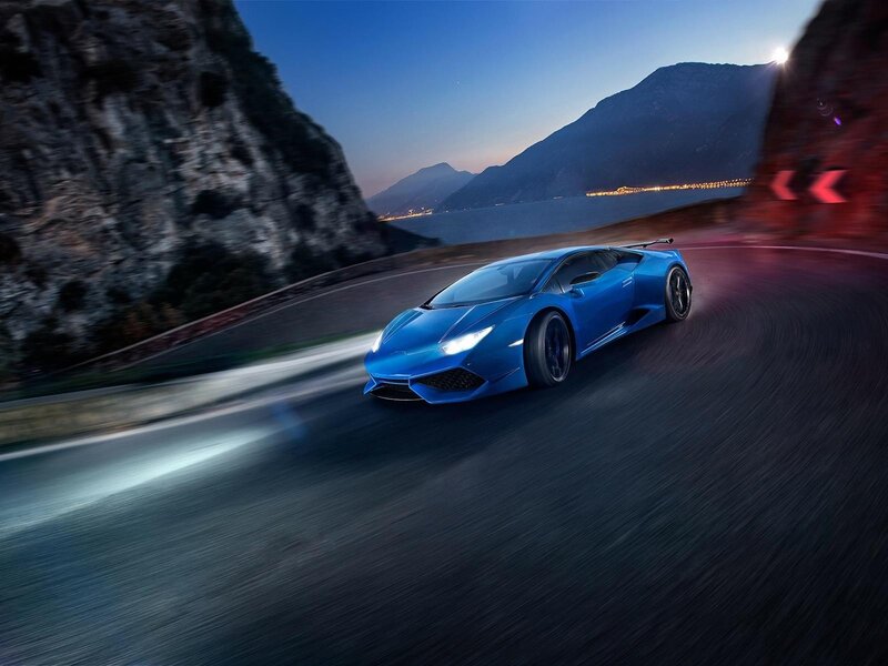Blue Sports Car — Dynamic, Sunset, Photograph, Mountain