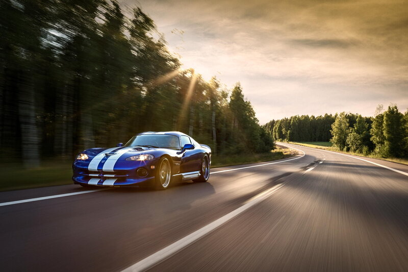 Blue Sports Car — Dynamic, Sunset, Photograph, Road