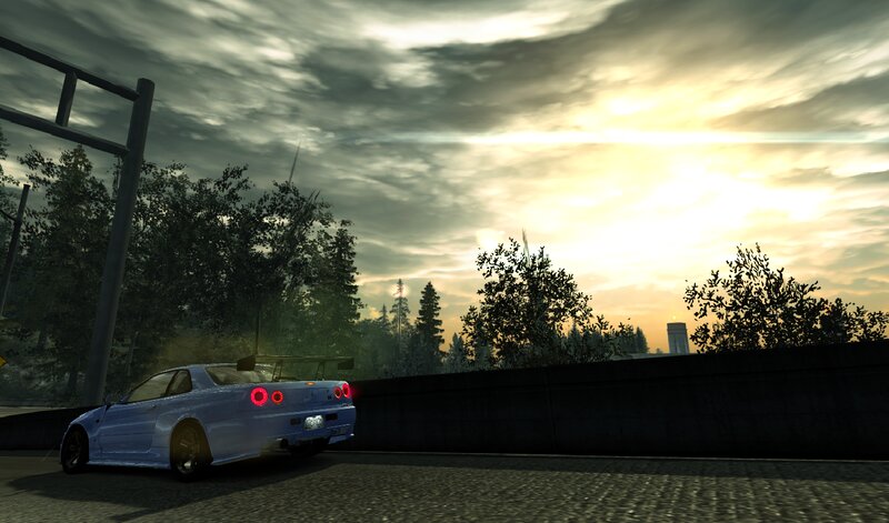 Blue Sports Car — Gray, Dramatic, Sunset