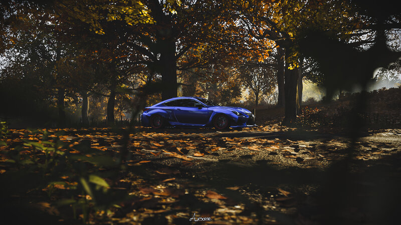 Blue Sports Car in Forest — Dramatic