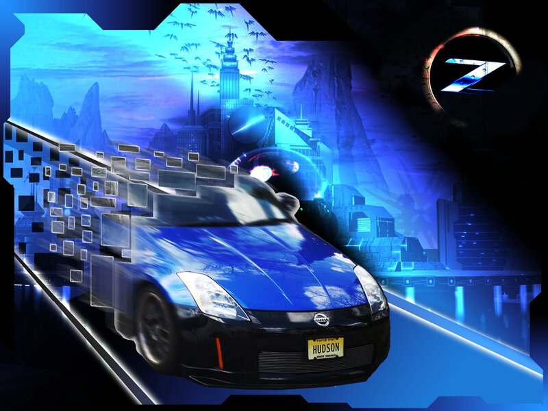 Blue sports car in futuristic city