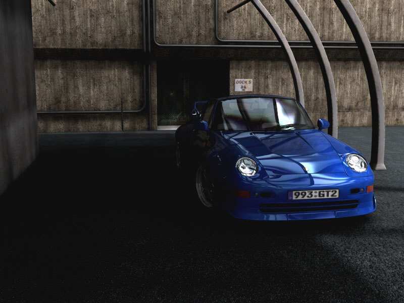 blue sports car in garage