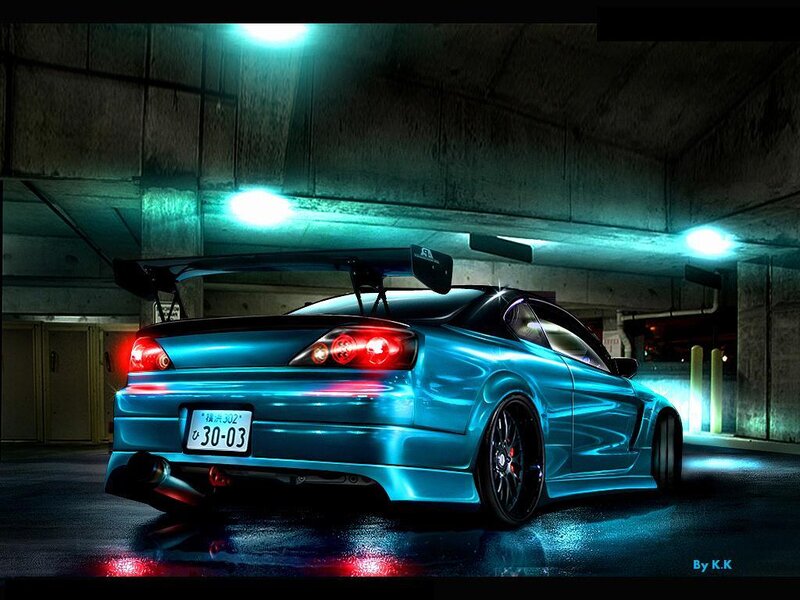 blue sports car in garage