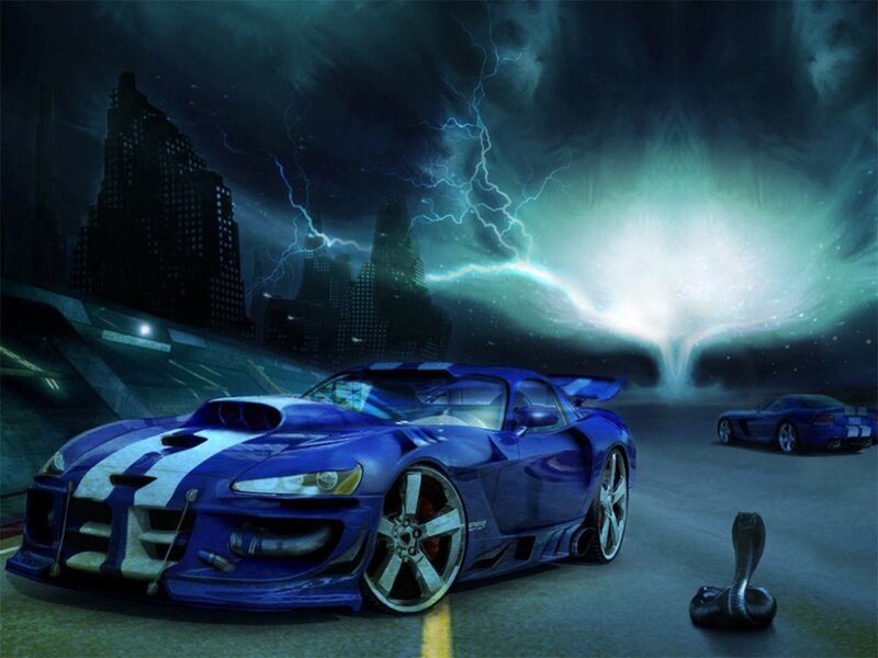 Blue sports car in storm