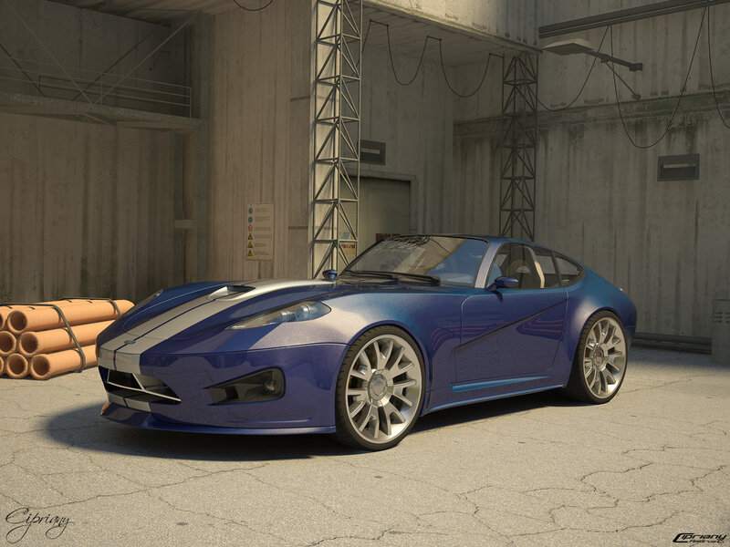 Blue sports car in warehouse