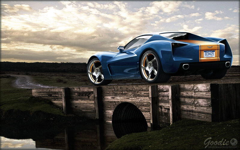 Blue sports car on a bridge
