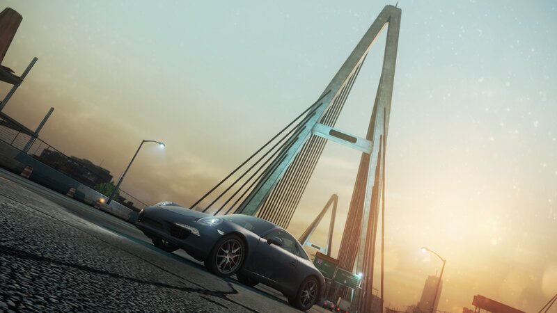 Blue Sports Car on Bridge — Gray