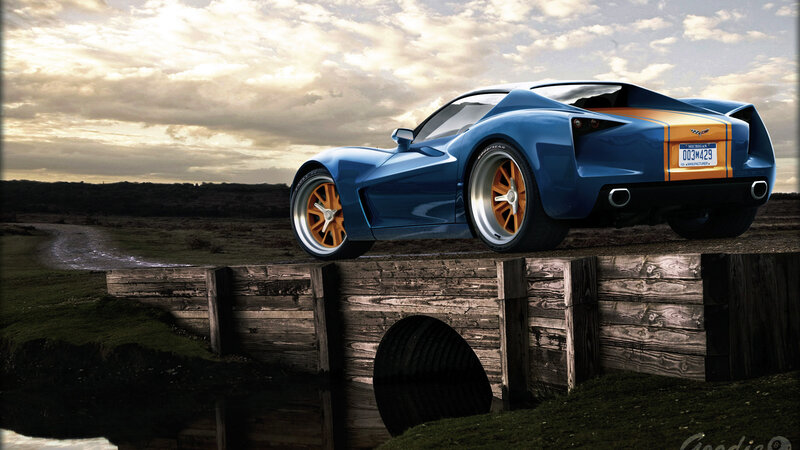 Blue Sports Car on Bridge