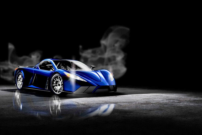 Blue sports car on dark background