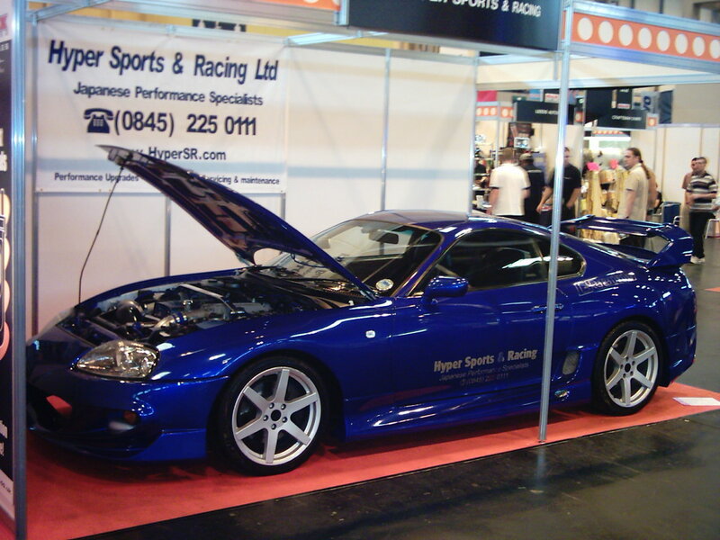 Blue sports car on display