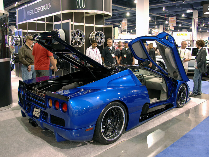 Blue sports car on display