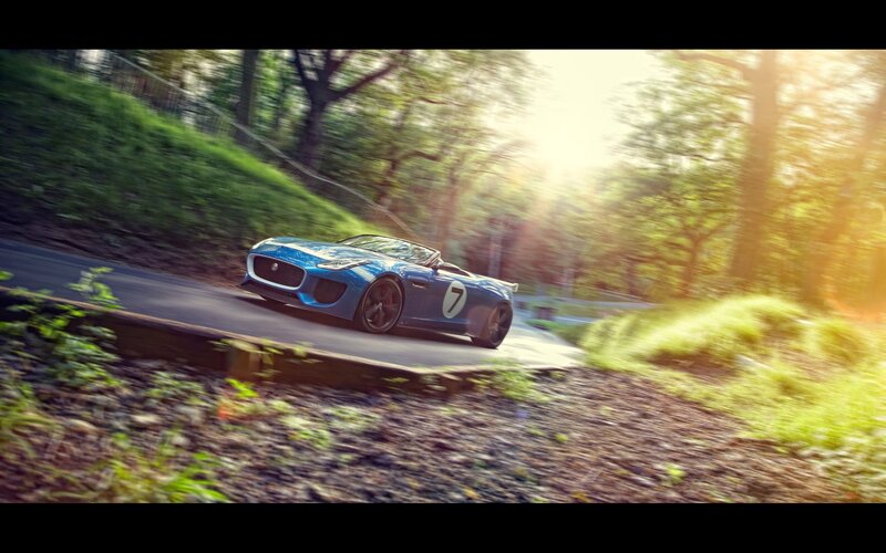 Blue sports car on forest road