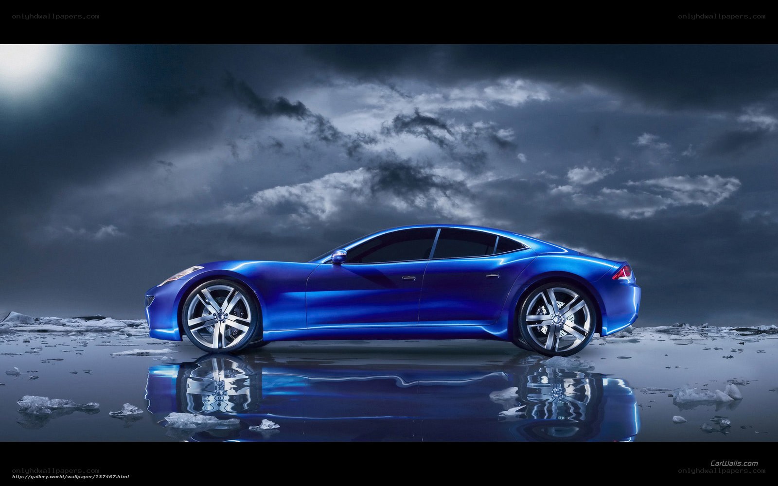 Blue sports car on icy surface