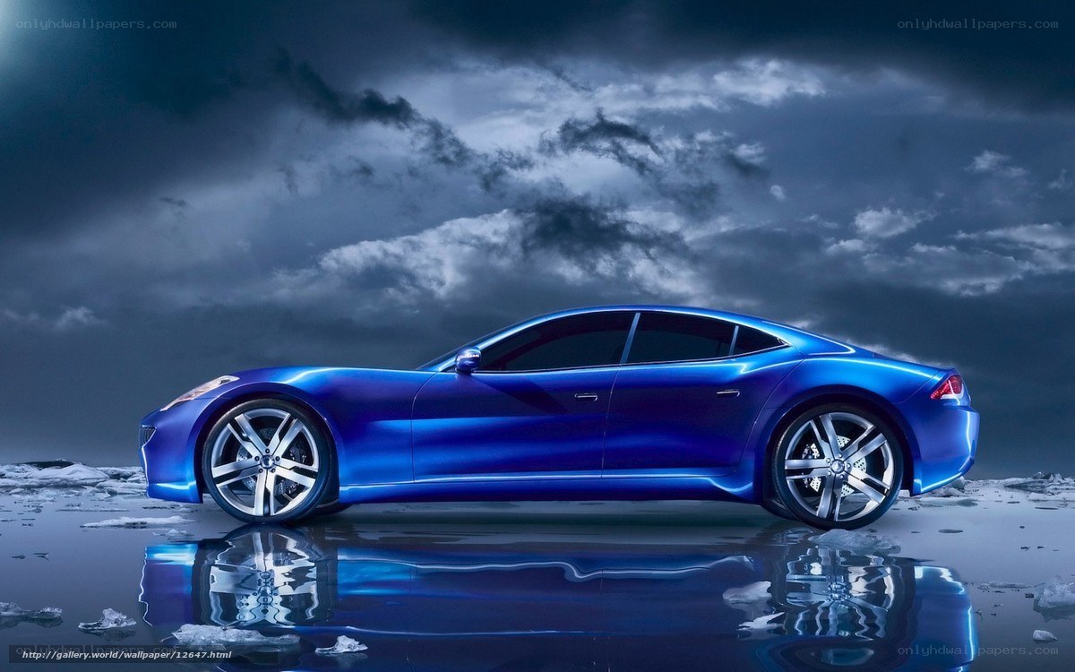 Blue sports car on reflective surface