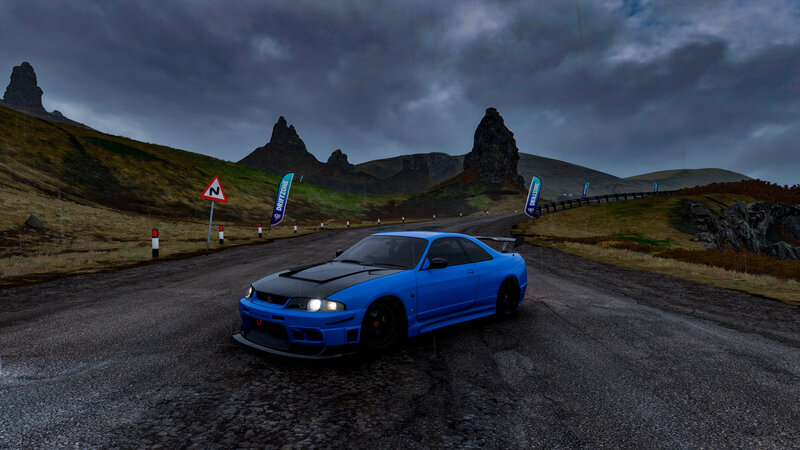 Blue Sports Car on Road — Dramatic, Night, 3d Render, Mountains