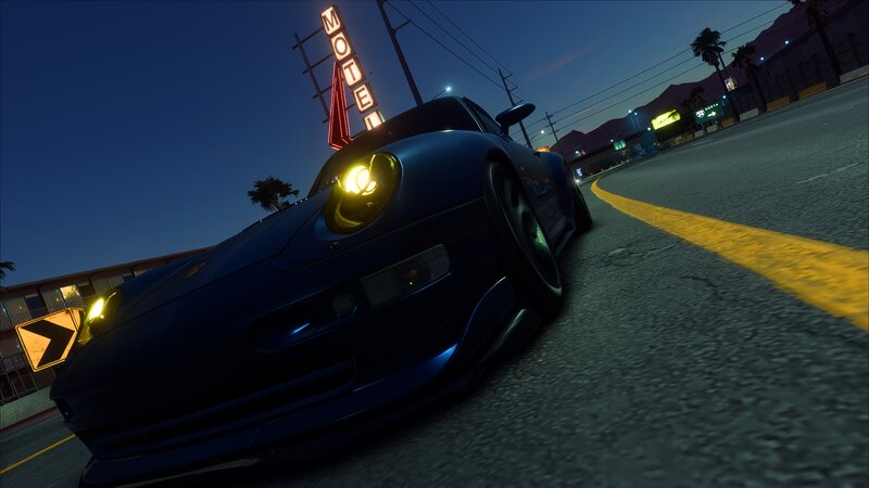 Blue Sports Car on Road — Dramatic, Night, 3d Render