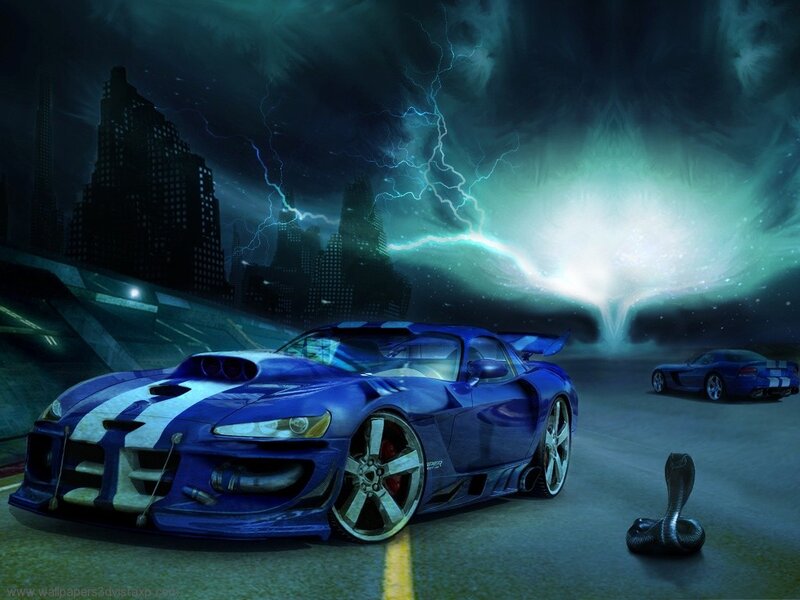 Blue Sports Car on Road — Dramatic, Night