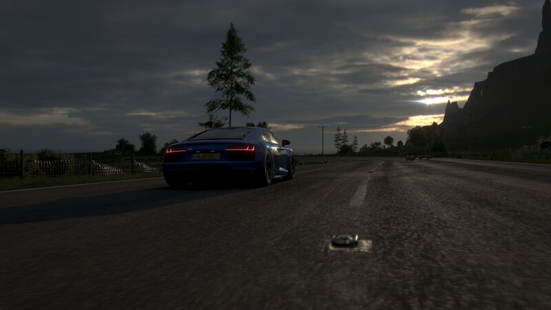 Blue Sports Car on Road — Dramatic, Sunset, 3d Render, Mountain