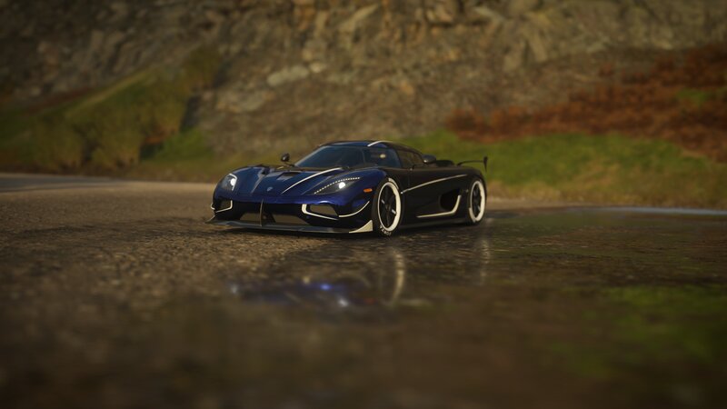Blue Sports Car on Road — Dramatic, Sunset, 3d Render