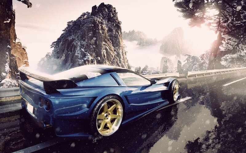 Blue Sports Car on Road — Dramatic, Winter