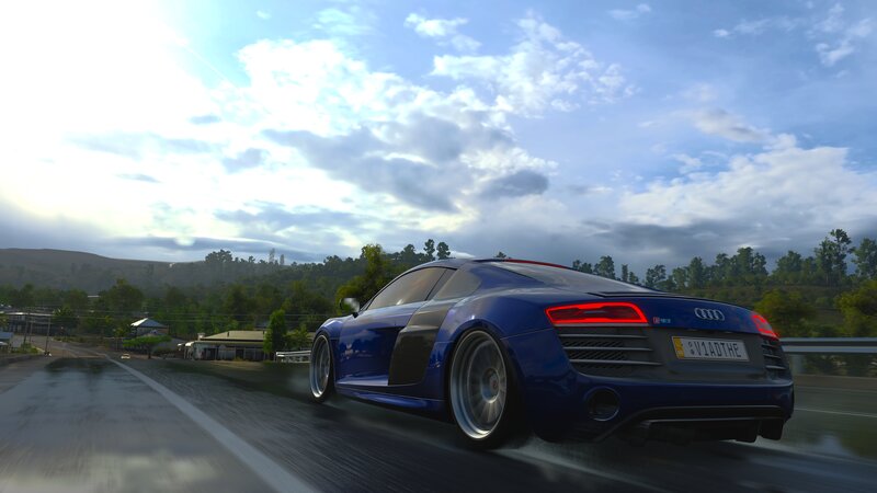 Blue Sports Car on Road — Dynamic, Afternoon, 3d Render, Trees