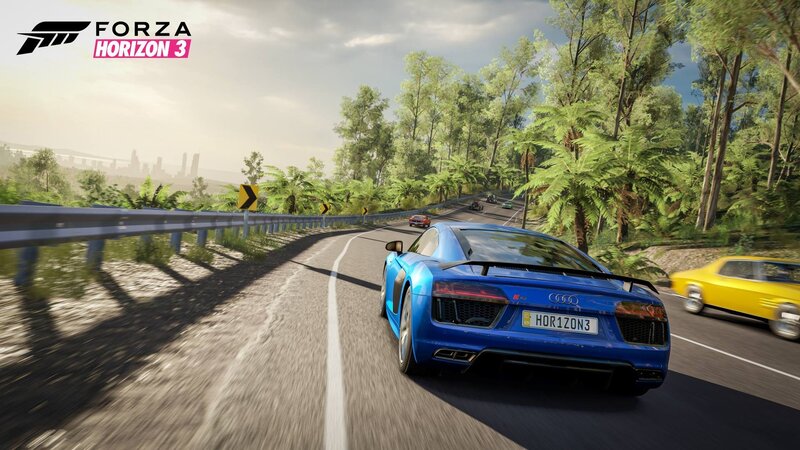 Blue Sports Car on Road — Dynamic, Afternoon, 3d Render, Yellow Car